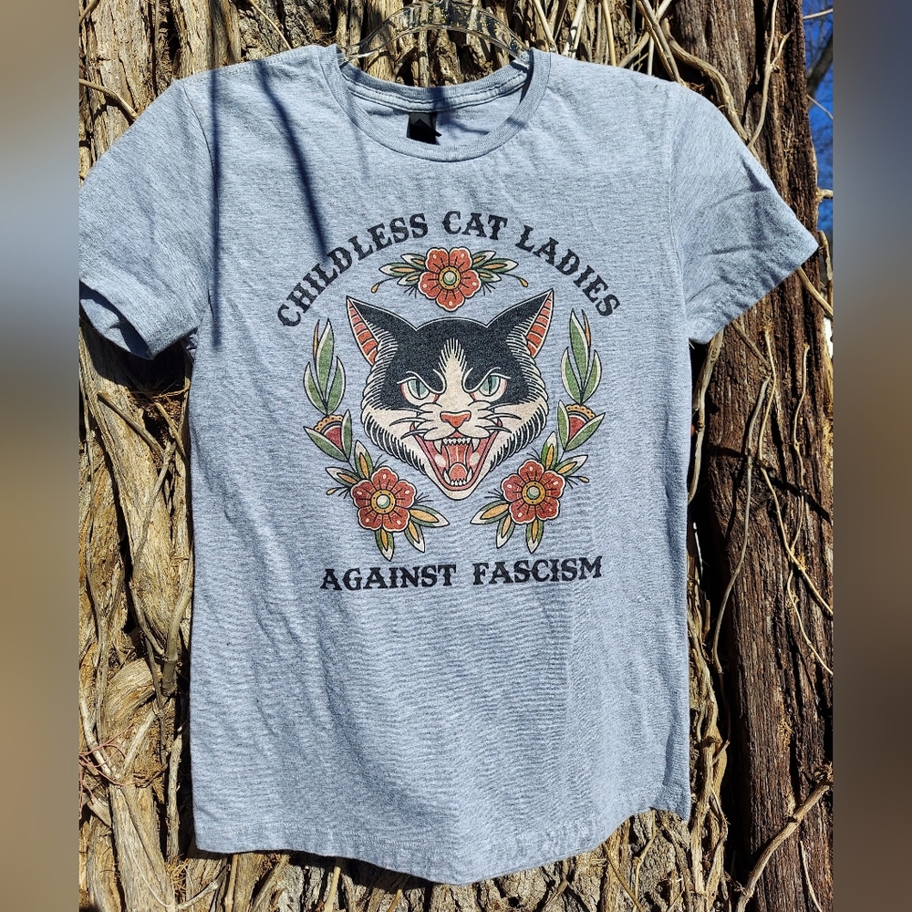 Childless Cat Ladies Against Fascism Gray T-shirt